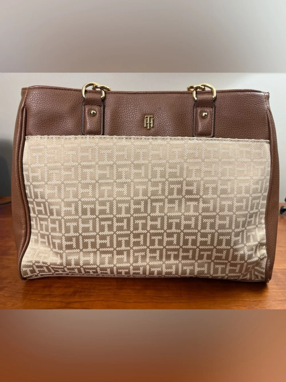 Tommy Hilfiger monogram chain strap tote bag in tan and beige